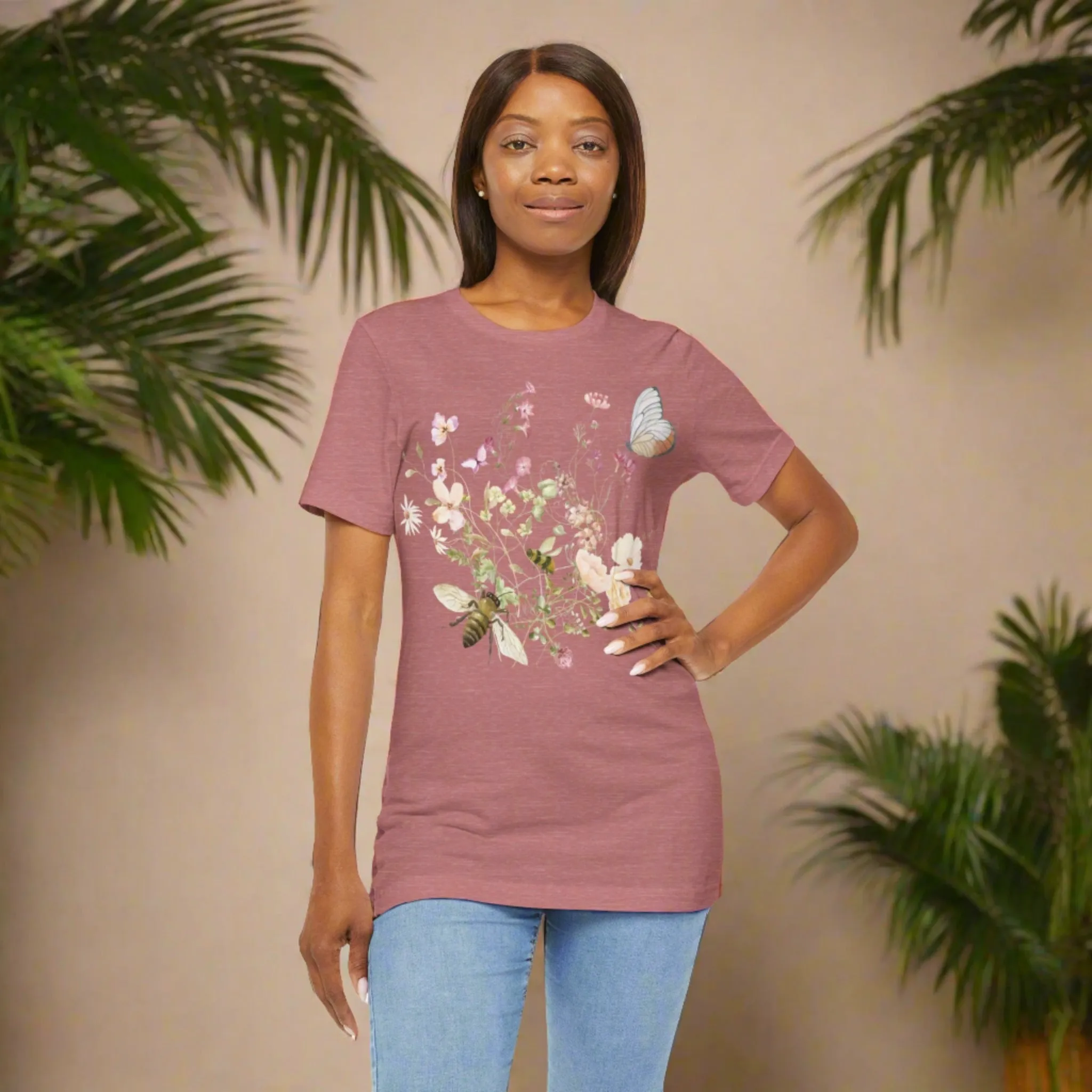 Unisex Vintage Wild Flower and Bee Jersey Short Sleeve Tee