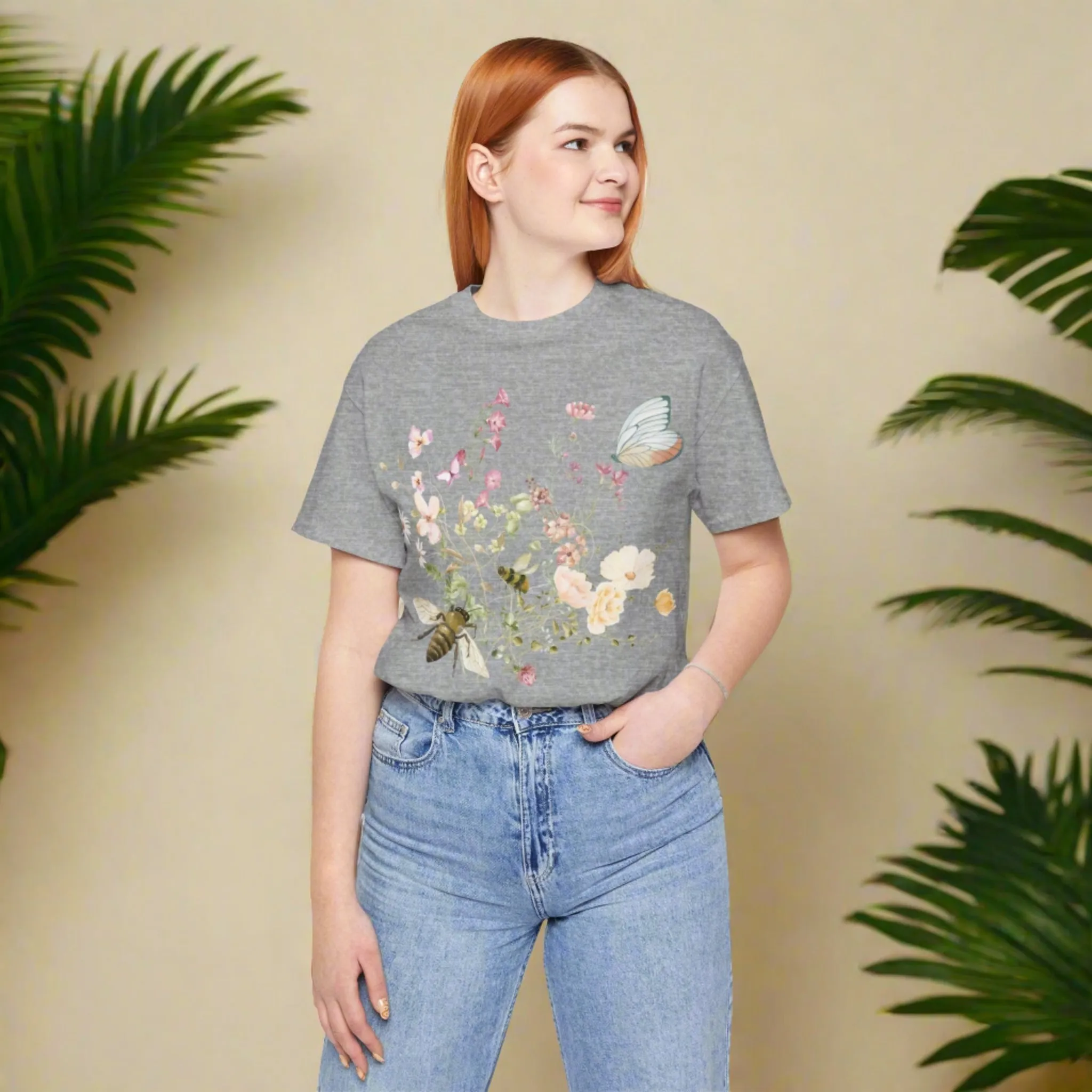 Unisex Vintage Wild Flower and Bee Jersey Short Sleeve Tee