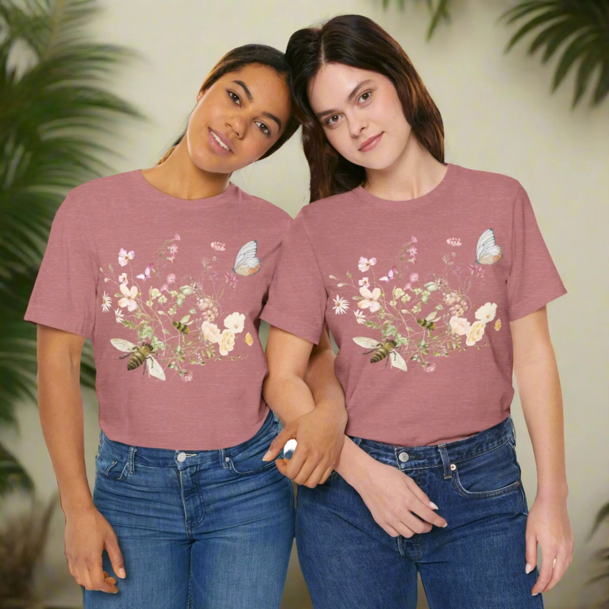 Unisex Vintage Wild Flower and Bee Jersey Short Sleeve Tee