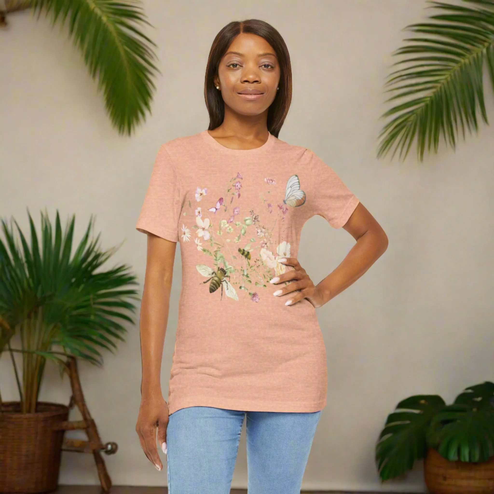 Unisex Vintage Wild Flower and Bee Jersey Short Sleeve Tee