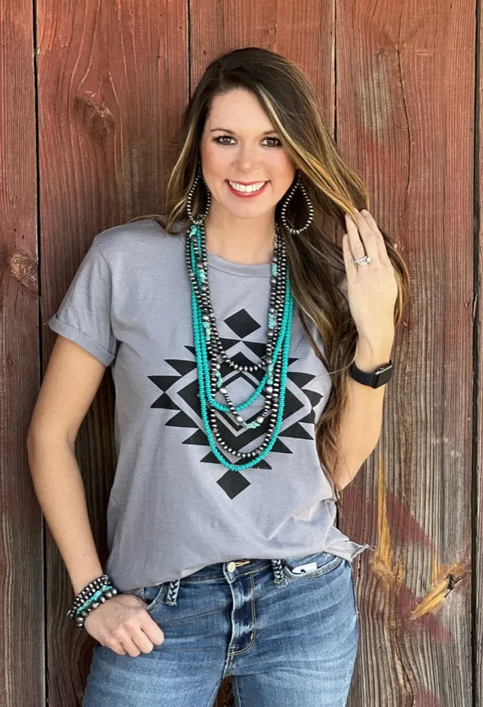 Vegas Aztec in Black Ink on Grey Tee