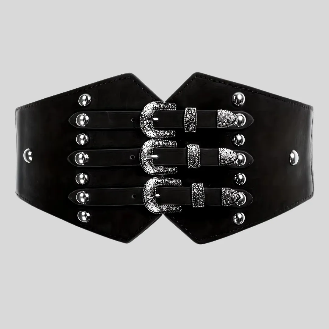 Wide Monochrome Elastic Vegan Leather Girdle Corset - Black