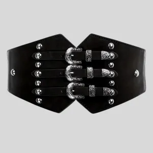 Wide Monochrome Elastic Vegan Leather Girdle Corset - Black