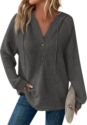 Women Hoodies Waffle Knit Drawstring Button V Neck Oversized Hoodies Pullover Fall Fashion Lightweight Tunic Hoodies