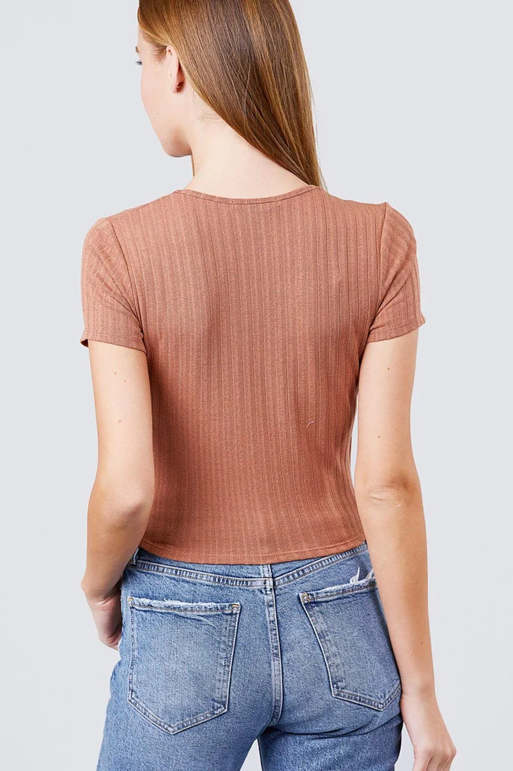Women's Black Short Sleeve V-Neck Surplice Rib Knit Loose Casual Top - Small