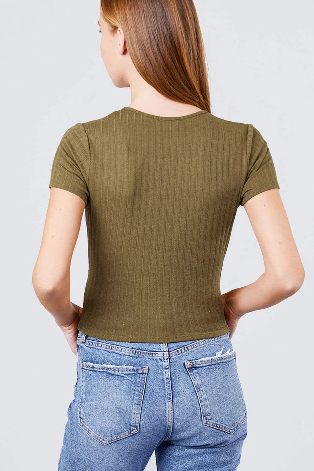 Women's Black Short Sleeve V-Neck Surplice Rib Knit Loose Casual Top - Small