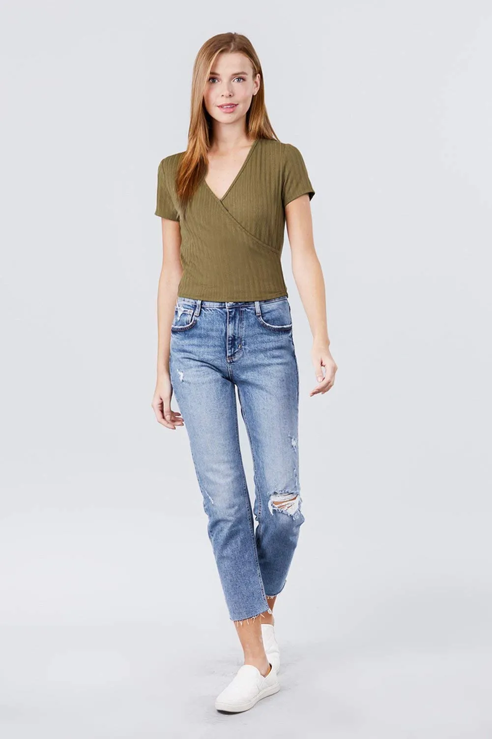 Women's Black Short Sleeve V-Neck Surplice Rib Knit Loose Casual Top - Small