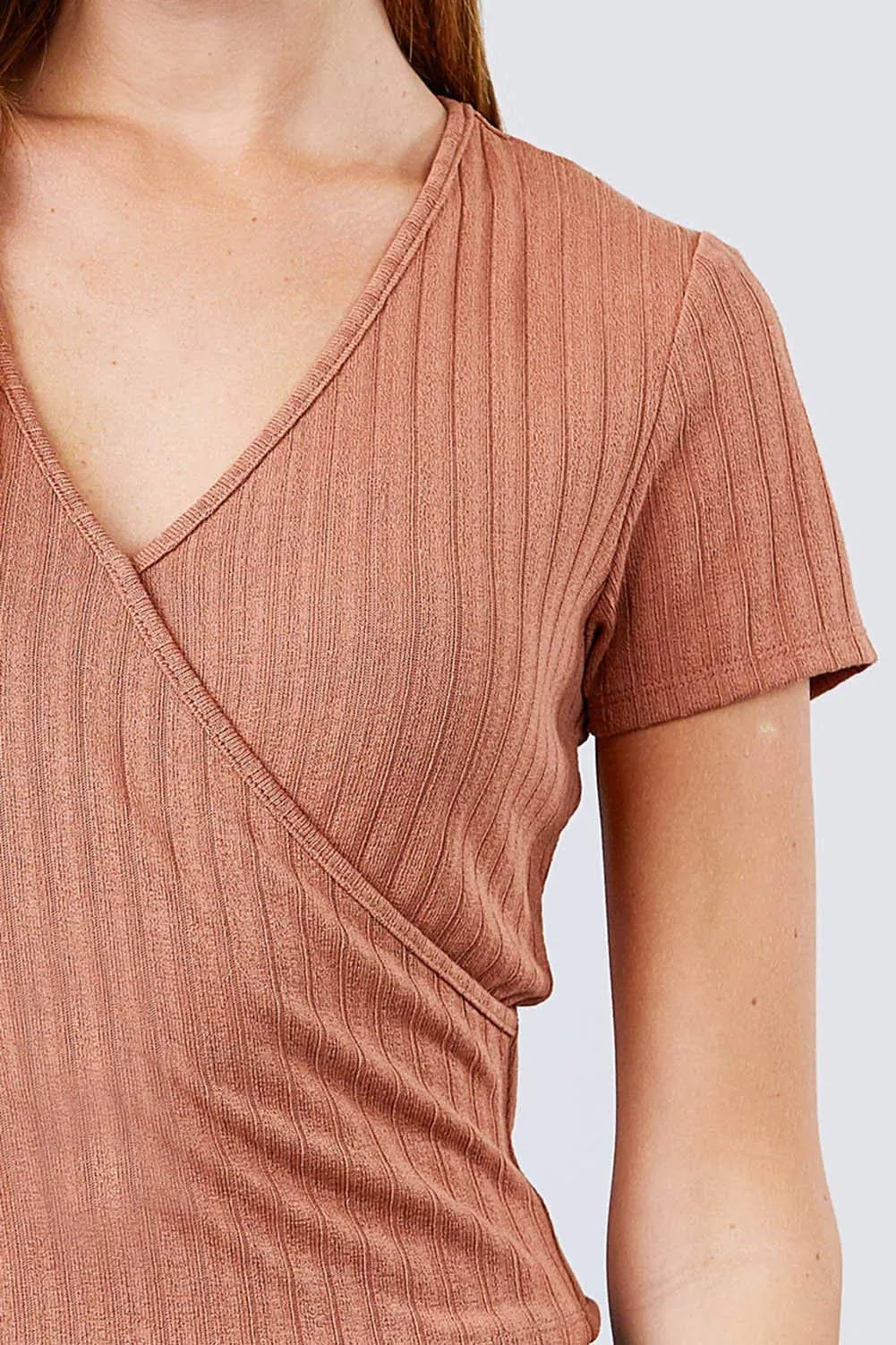 Women's Black Short Sleeve V-Neck Surplice Rib Knit Loose Casual Top - Small