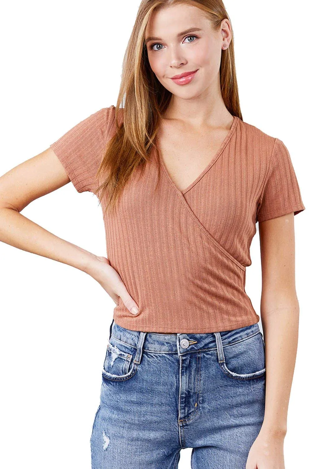 Women's Black Short Sleeve V-Neck Surplice Rib Knit Loose Casual Top - Small