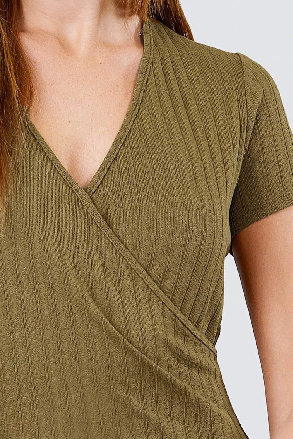 Women's Black Short Sleeve V-Neck Surplice Rib Knit Loose Casual Top - Small
