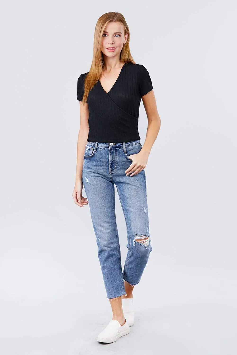 Women's Black Short Sleeve V-Neck Surplice Rib Knit Loose Casual Top - Small