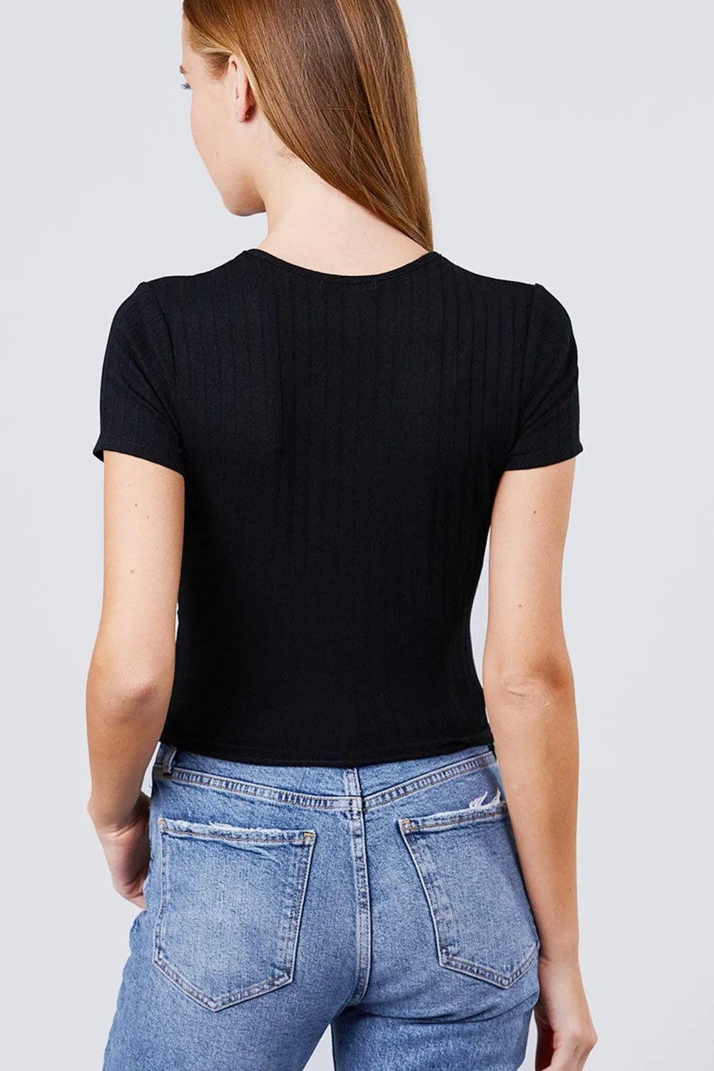 Women's Black Short Sleeve V-Neck Surplice Rib Knit Loose Casual Top - Small