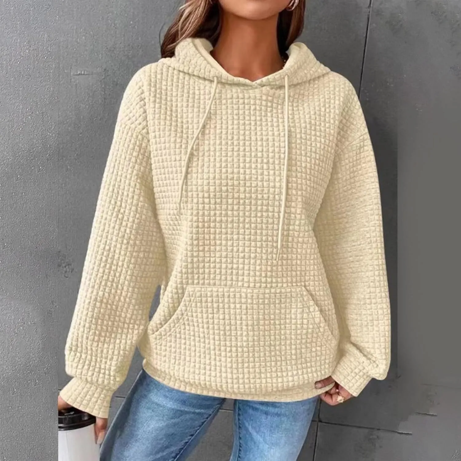 Womens Hoodies Casual Long Sleeve Drawstring Waffle Pullover Tops Loose Hooded Sweatshirt with Pocket