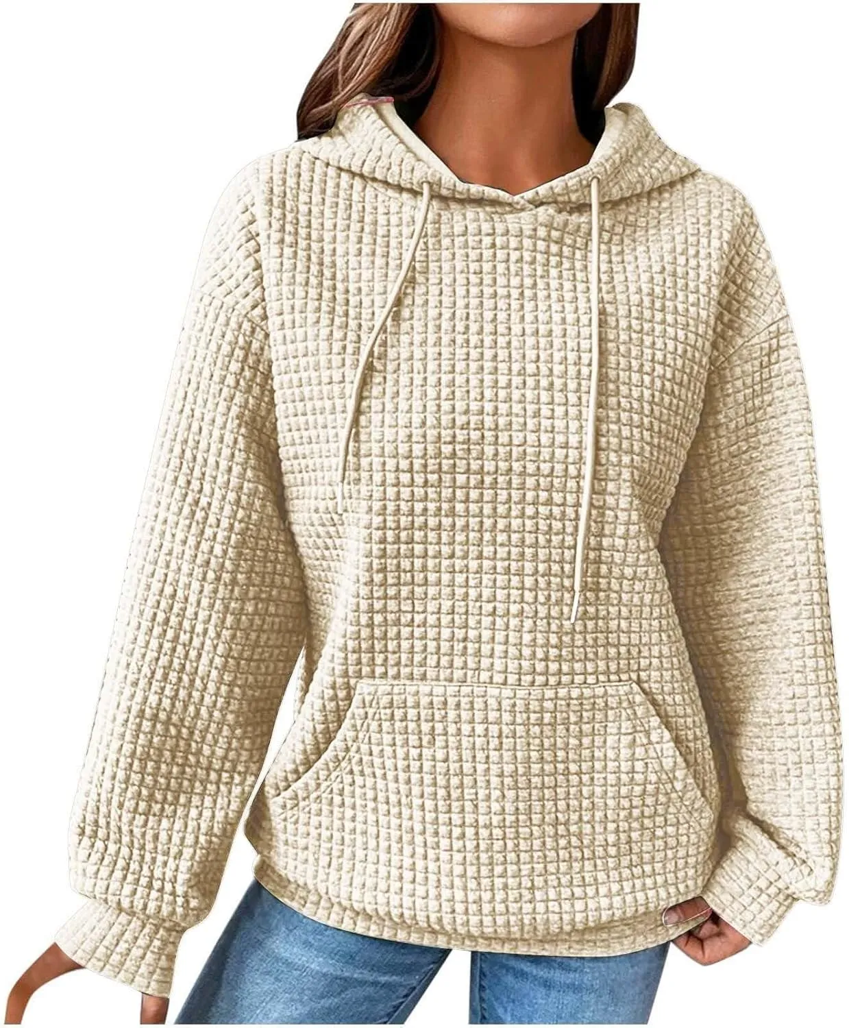 Womens Hoodies Casual Long Sleeve Drawstring Waffle Pullover Tops Loose Hooded Sweatshirt with Pocket