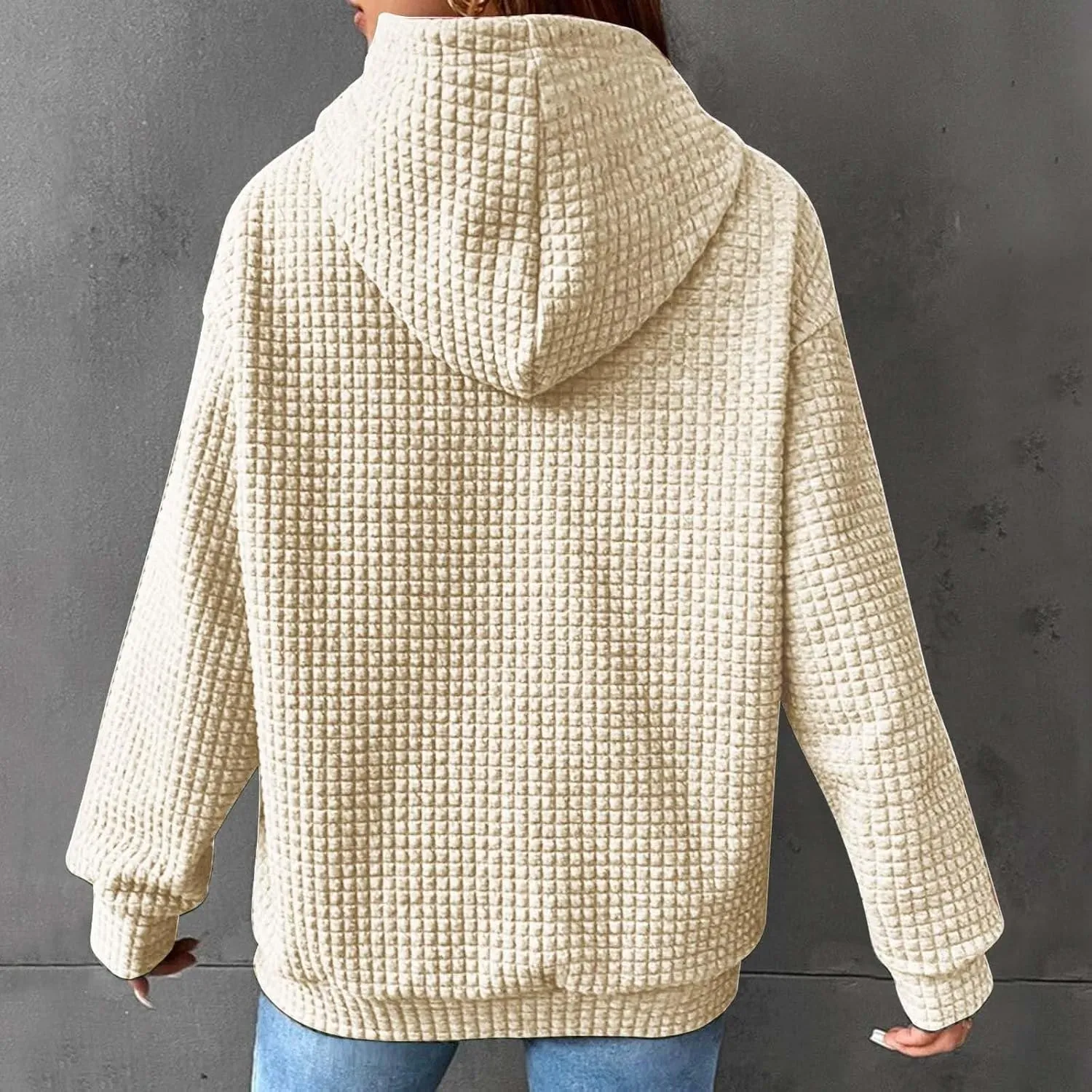 Womens Hoodies Casual Long Sleeve Drawstring Waffle Pullover Tops Loose Hooded Sweatshirt with Pocket