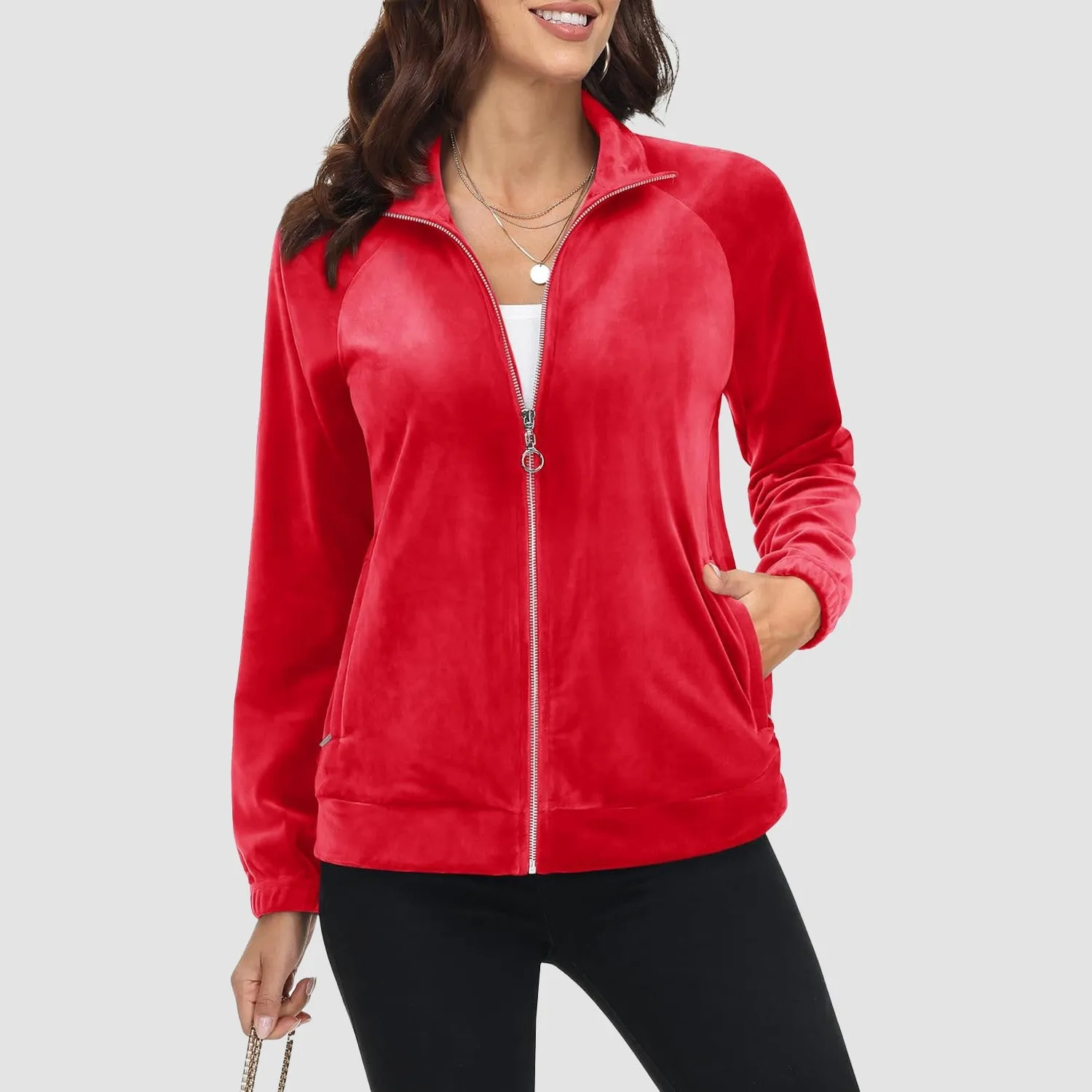 Women's Velour Jackets Full Zip Up Fleece Jacket With Zipper Pockets Soft Winter Jackets
