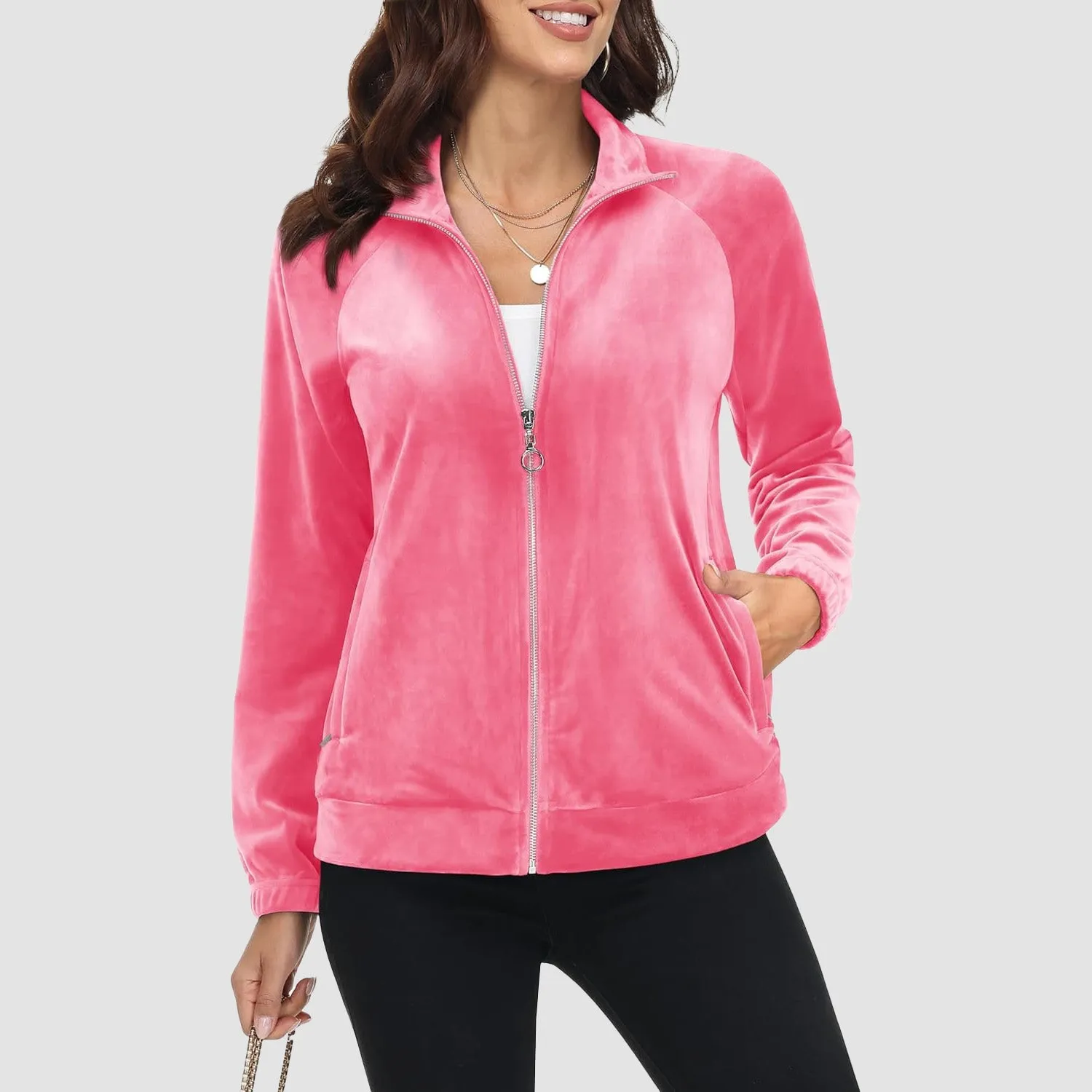 Women's Velour Jackets Full Zip Up Fleece Jacket With Zipper Pockets Soft Winter Jackets