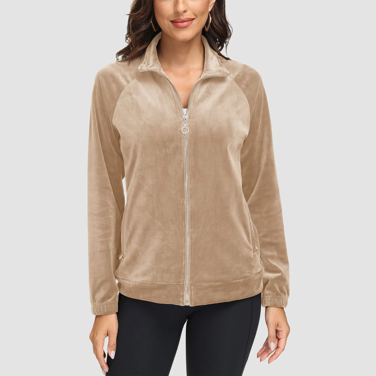 Women's Velour Jackets Full Zip Up Fleece Jacket With Zipper Pockets Soft Winter Jackets