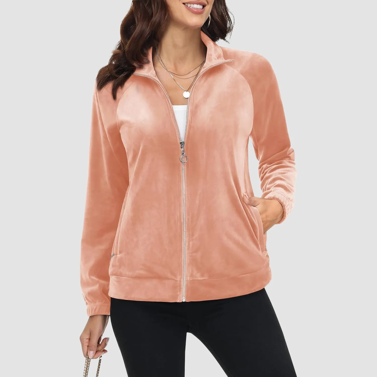 Women's Velour Jackets Full Zip Up Fleece Jacket With Zipper Pockets Soft Winter Jackets