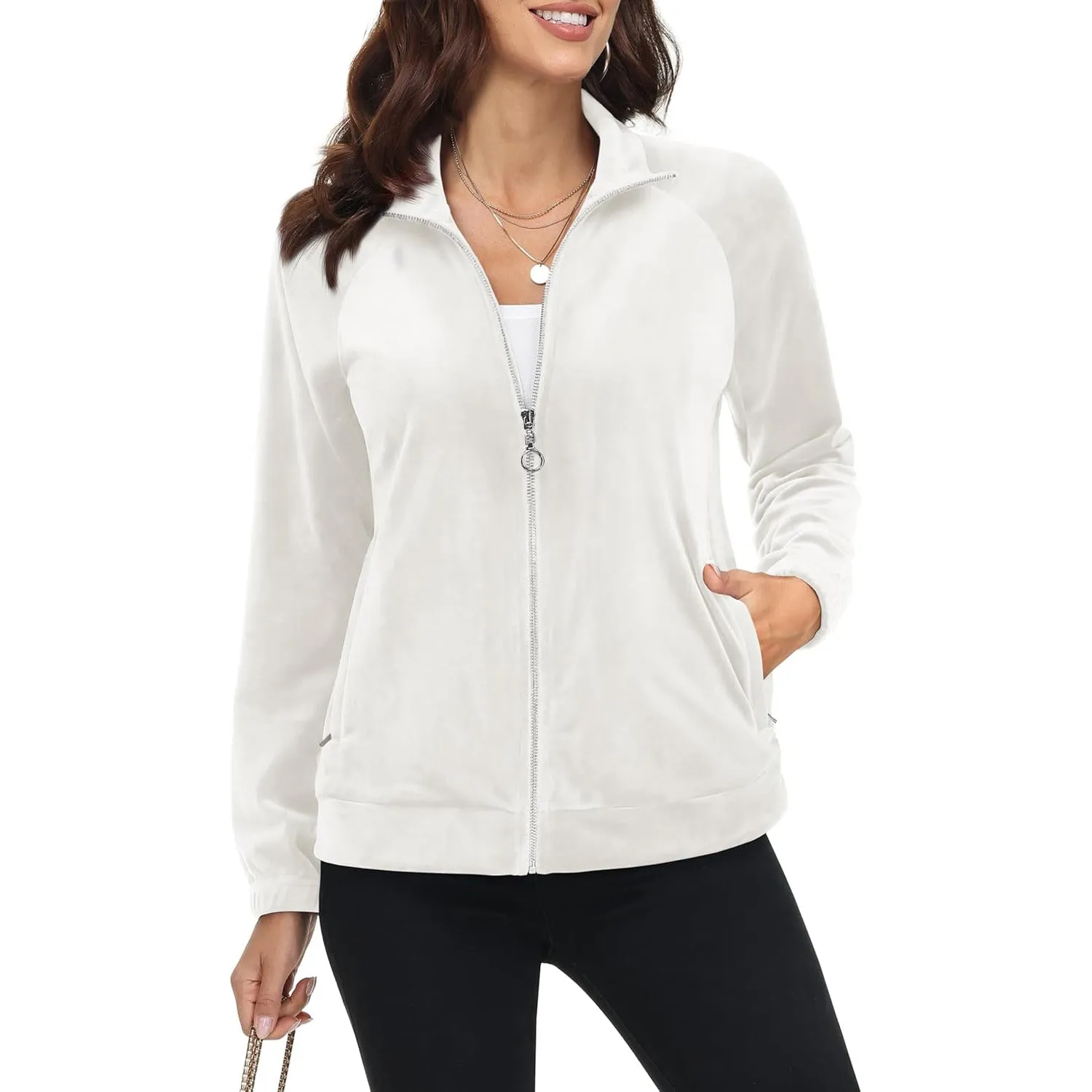 Women's Velour Jackets Full Zip Up Fleece Jacket With Zipper Pockets Soft Winter Jackets