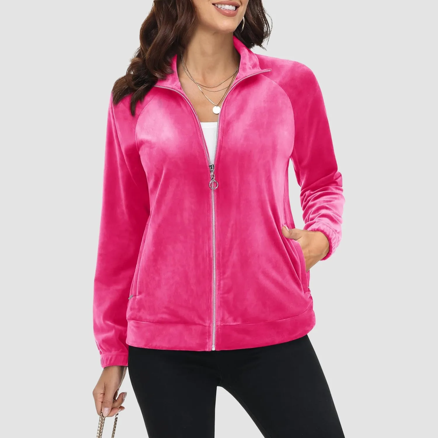 Women's Velour Jackets Full Zip Up Fleece Jacket With Zipper Pockets Soft Winter Jackets