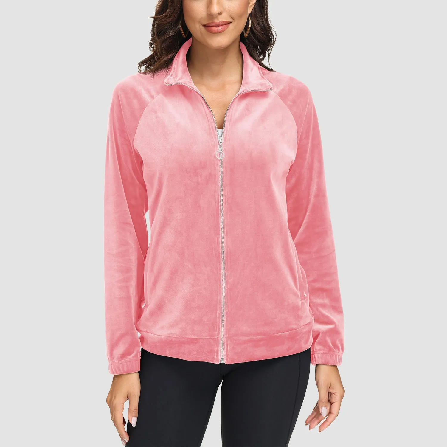 Women's Velour Jackets Full Zip Up Fleece Jacket With Zipper Pockets Soft Winter Jackets