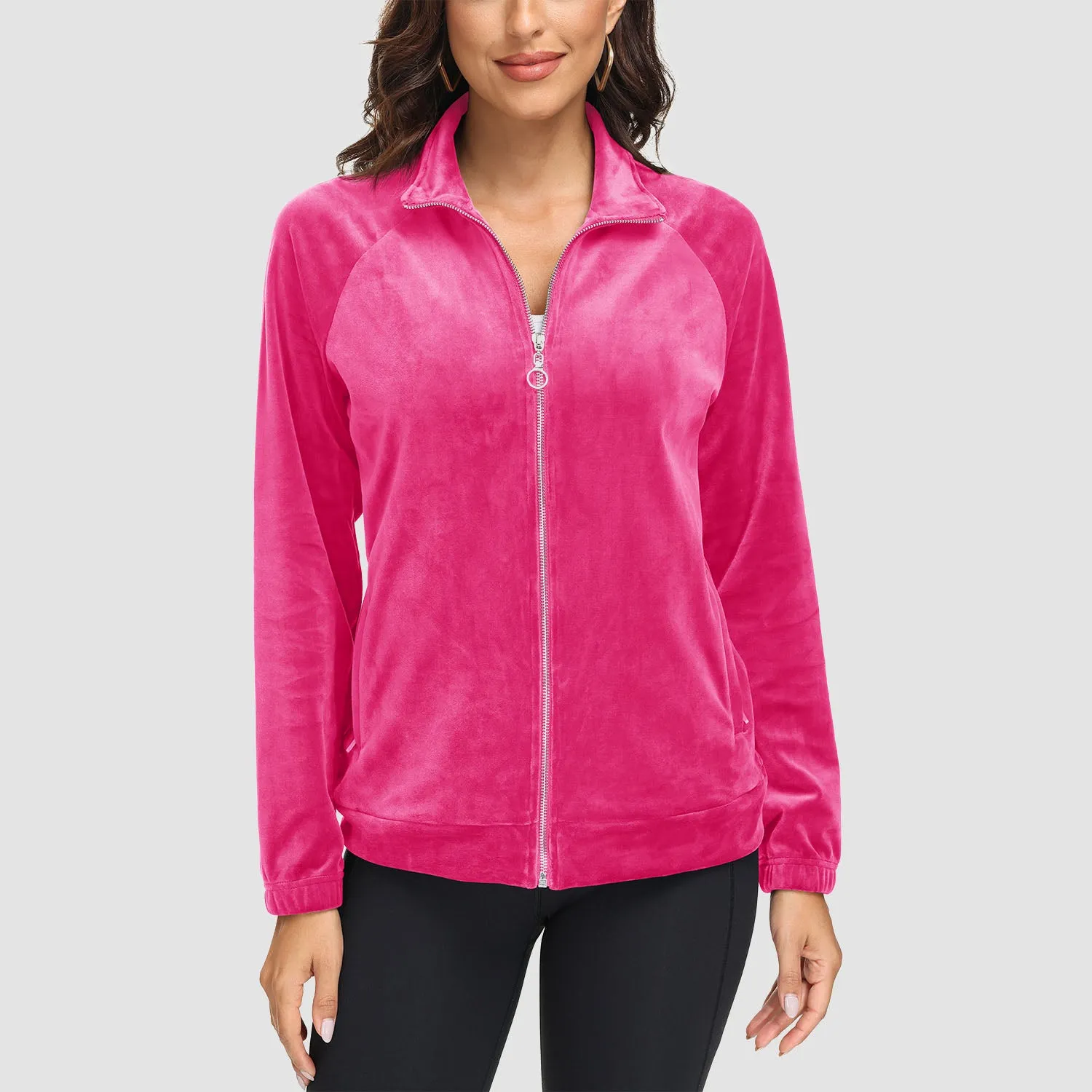 Women's Velour Jackets Full Zip Up Fleece Jacket With Zipper Pockets Soft Winter Jackets