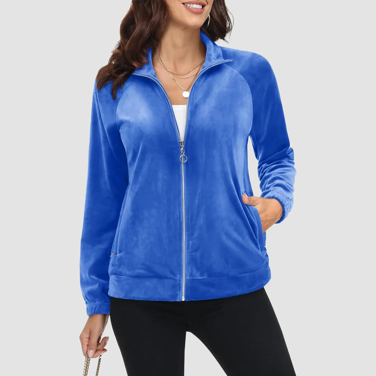 Women's Velour Jackets Full Zip Up Fleece Jacket With Zipper Pockets Soft Winter Jackets
