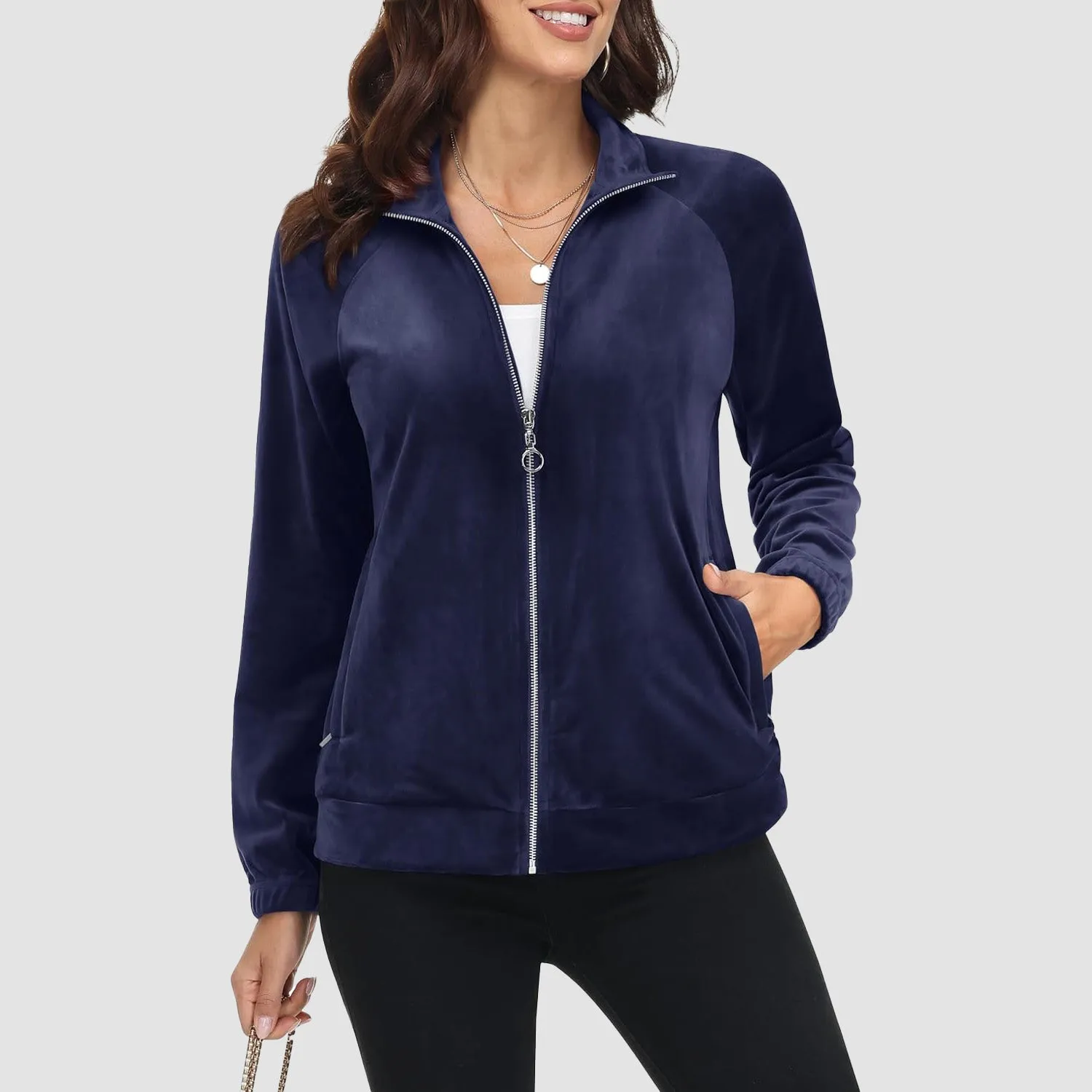 Women's Velour Jackets Full Zip Up Fleece Jacket With Zipper Pockets Soft Winter Jackets