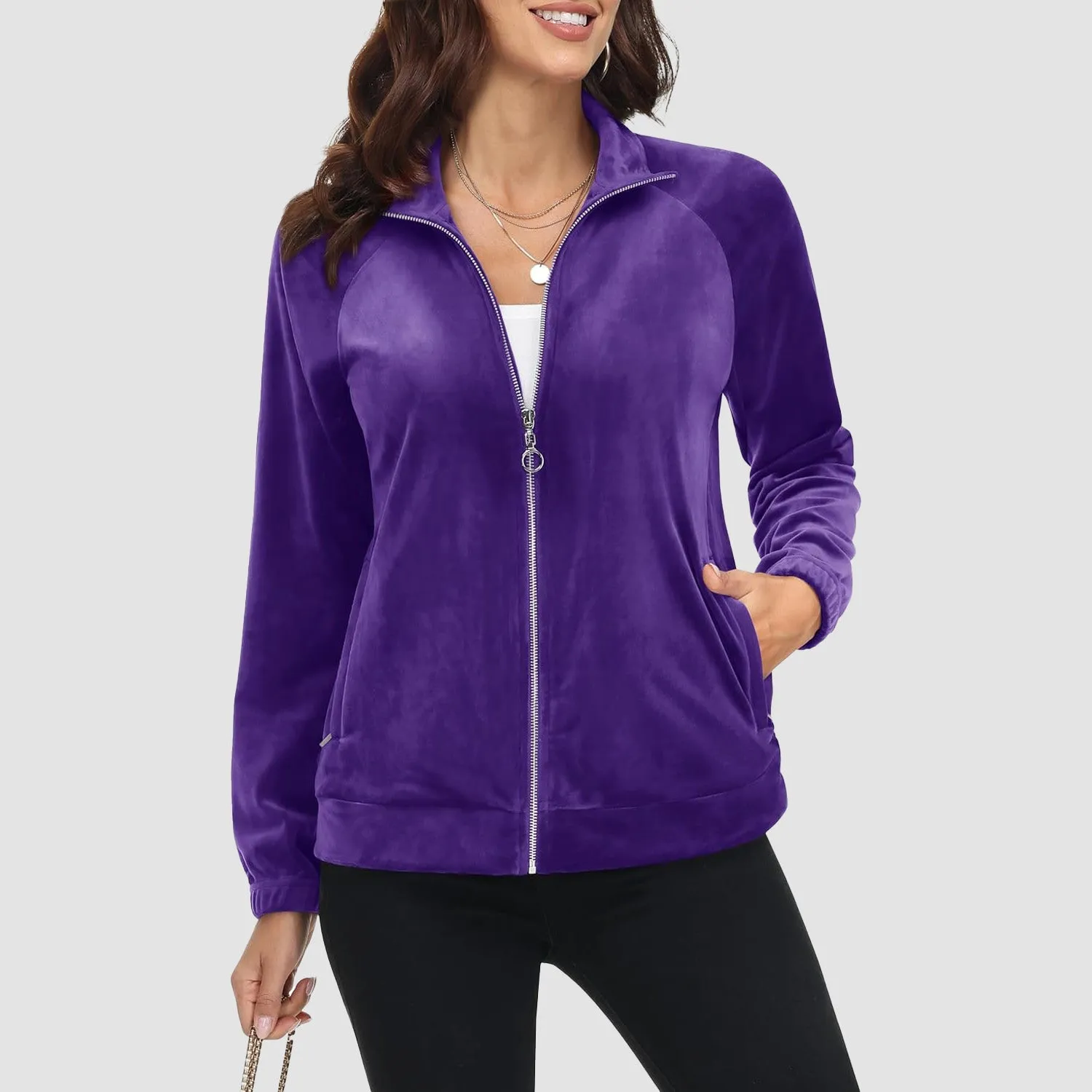 Women's Velour Jackets Full Zip Up Fleece Jacket With Zipper Pockets Soft Winter Jackets