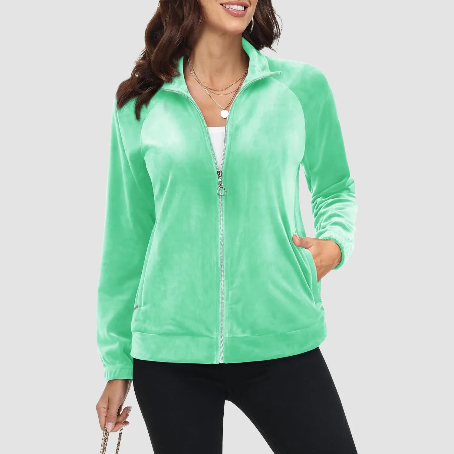 Women's Velour Jackets Full Zip Up Fleece Jacket With Zipper Pockets Soft Winter Jackets