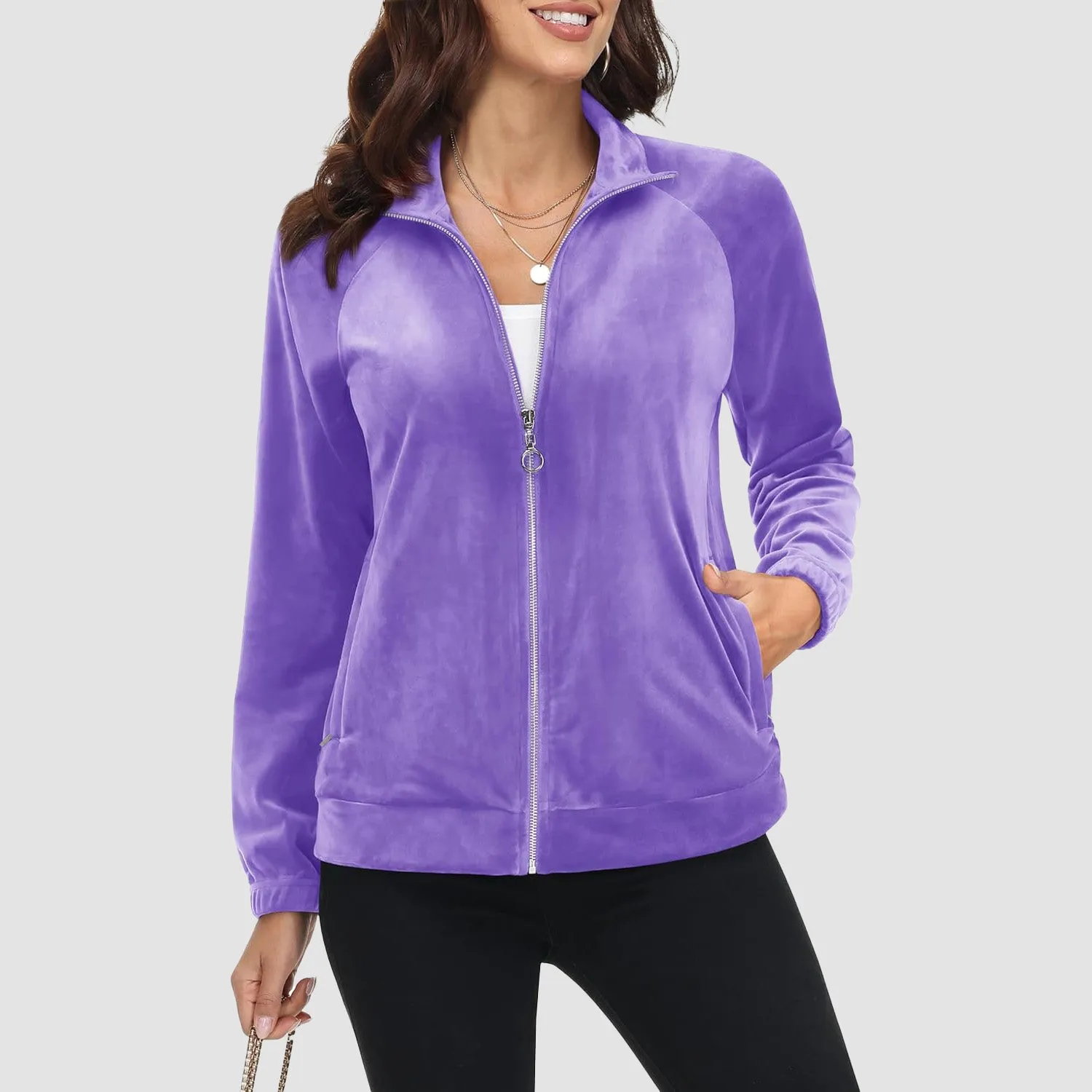 Women's Velour Jackets Full Zip Up Fleece Jacket With Zipper Pockets Soft Winter Jackets