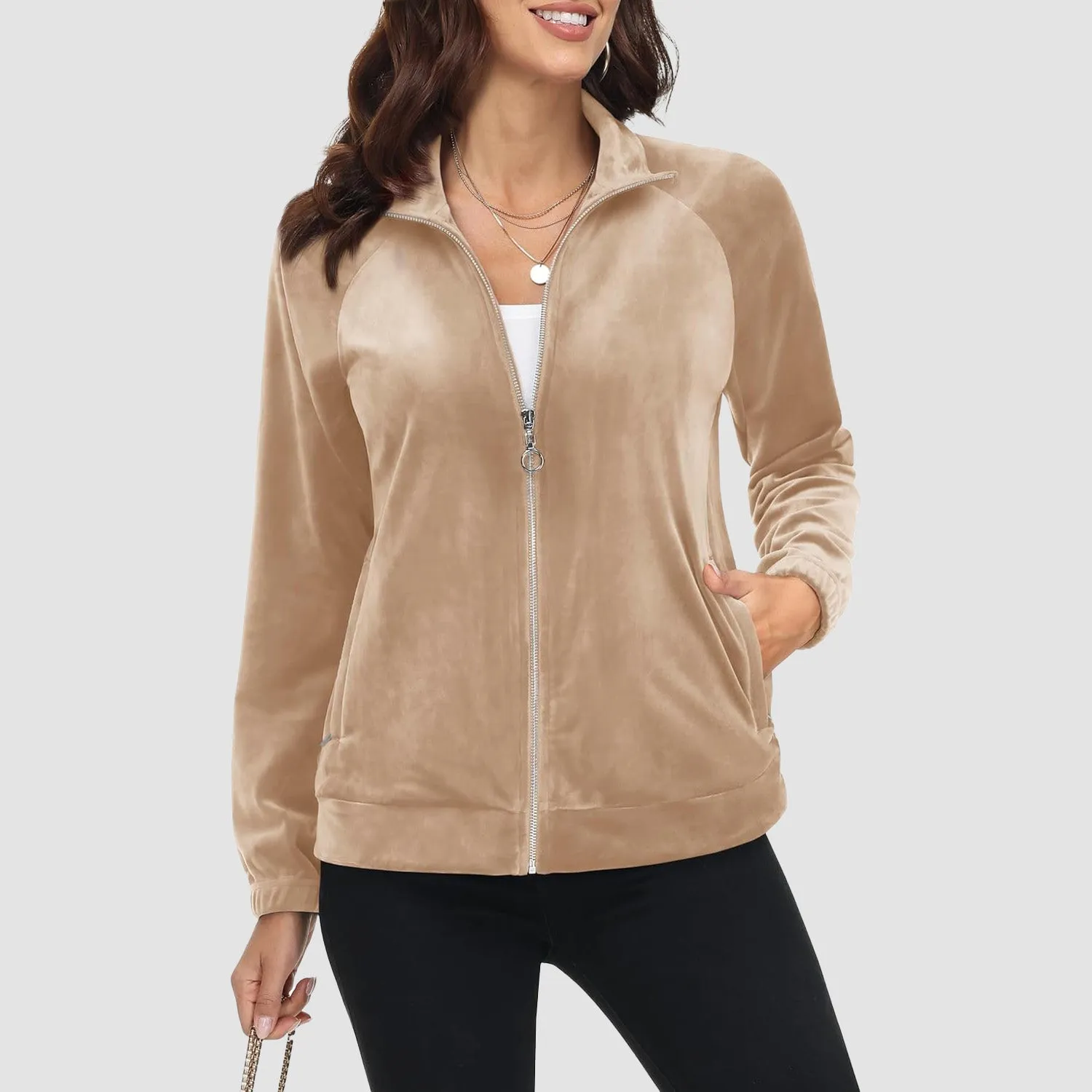 Women's Velour Jackets Full Zip Up Fleece Jacket With Zipper Pockets Soft Winter Jackets