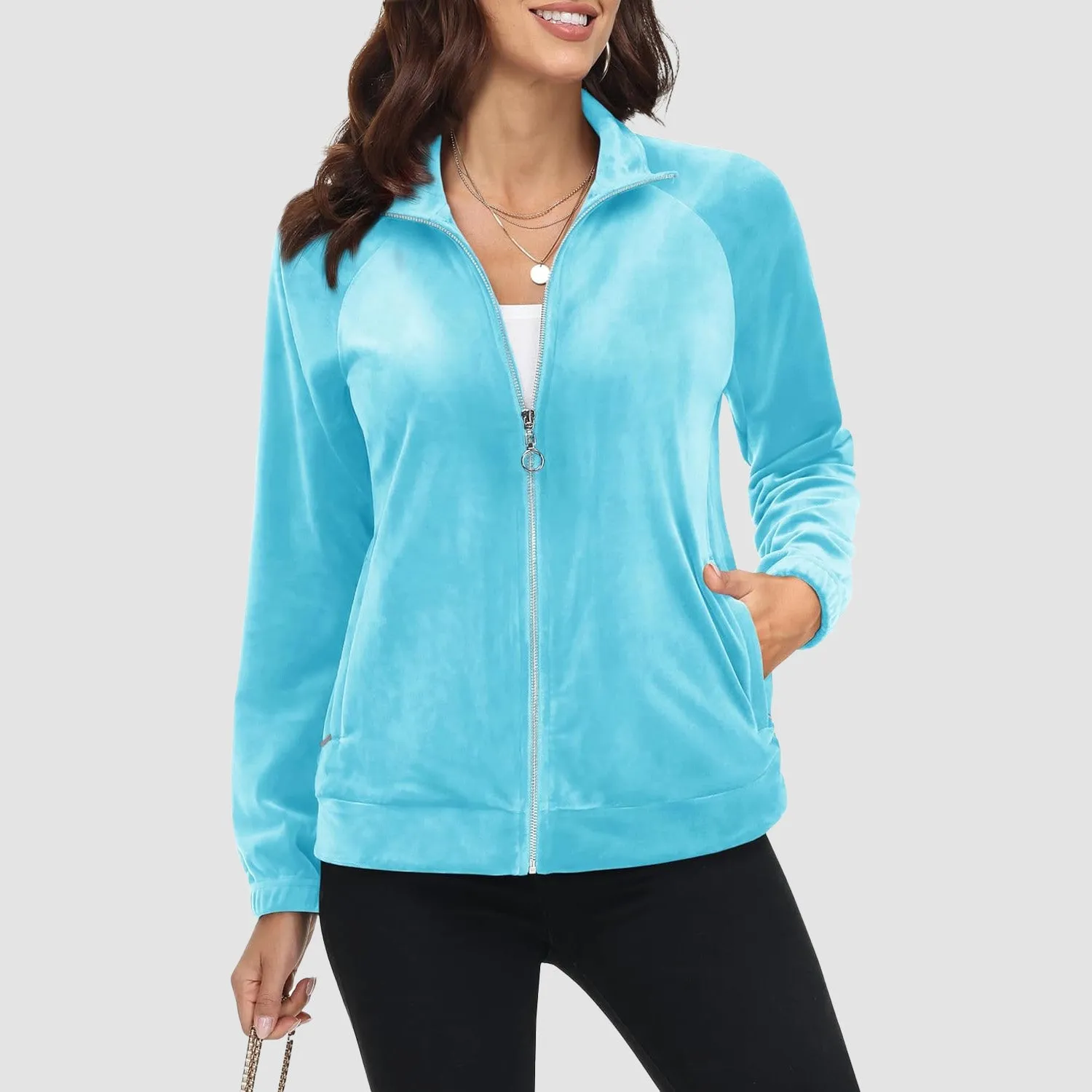 Women's Velour Jackets Full Zip Up Fleece Jacket With Zipper Pockets Soft Winter Jackets
