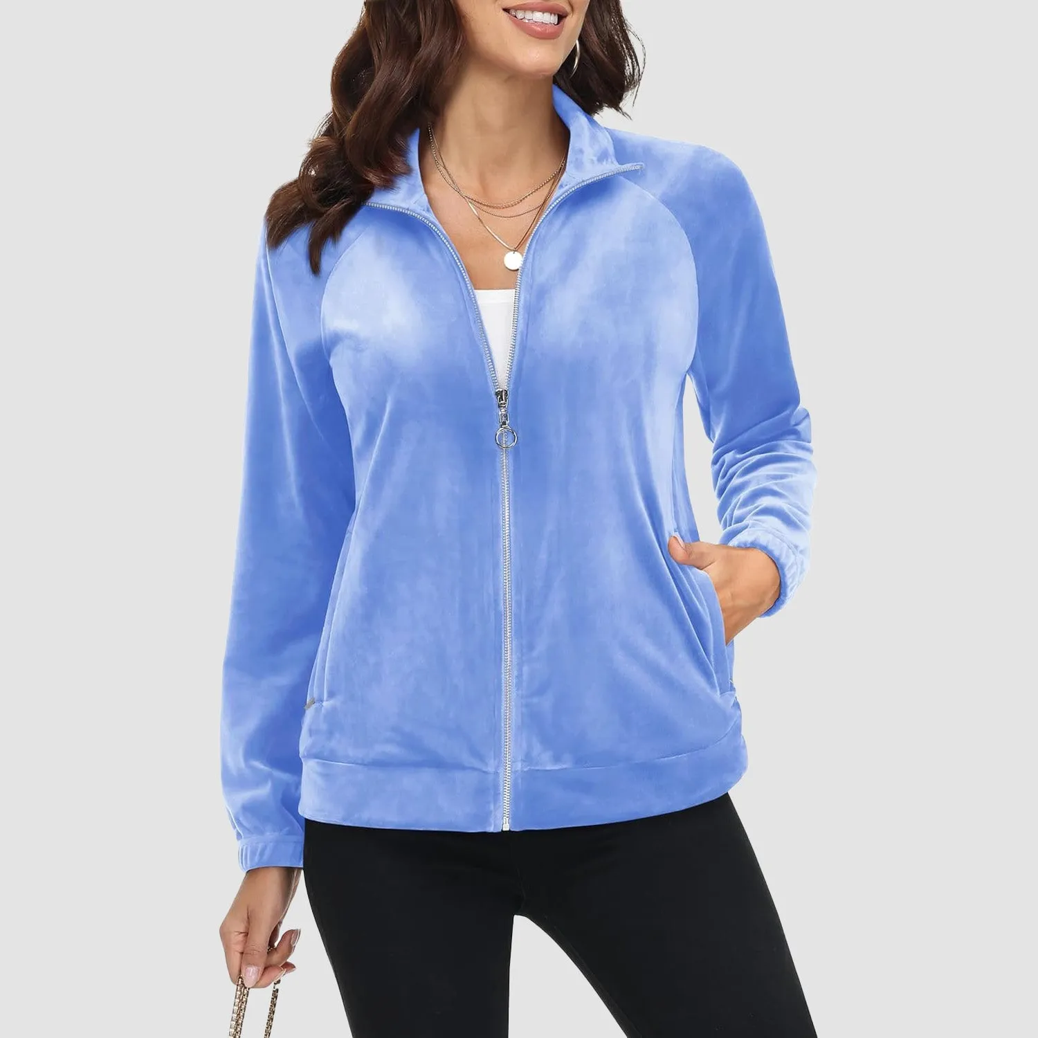 Women's Velour Jackets Full Zip Up Fleece Jacket With Zipper Pockets Soft Winter Jackets