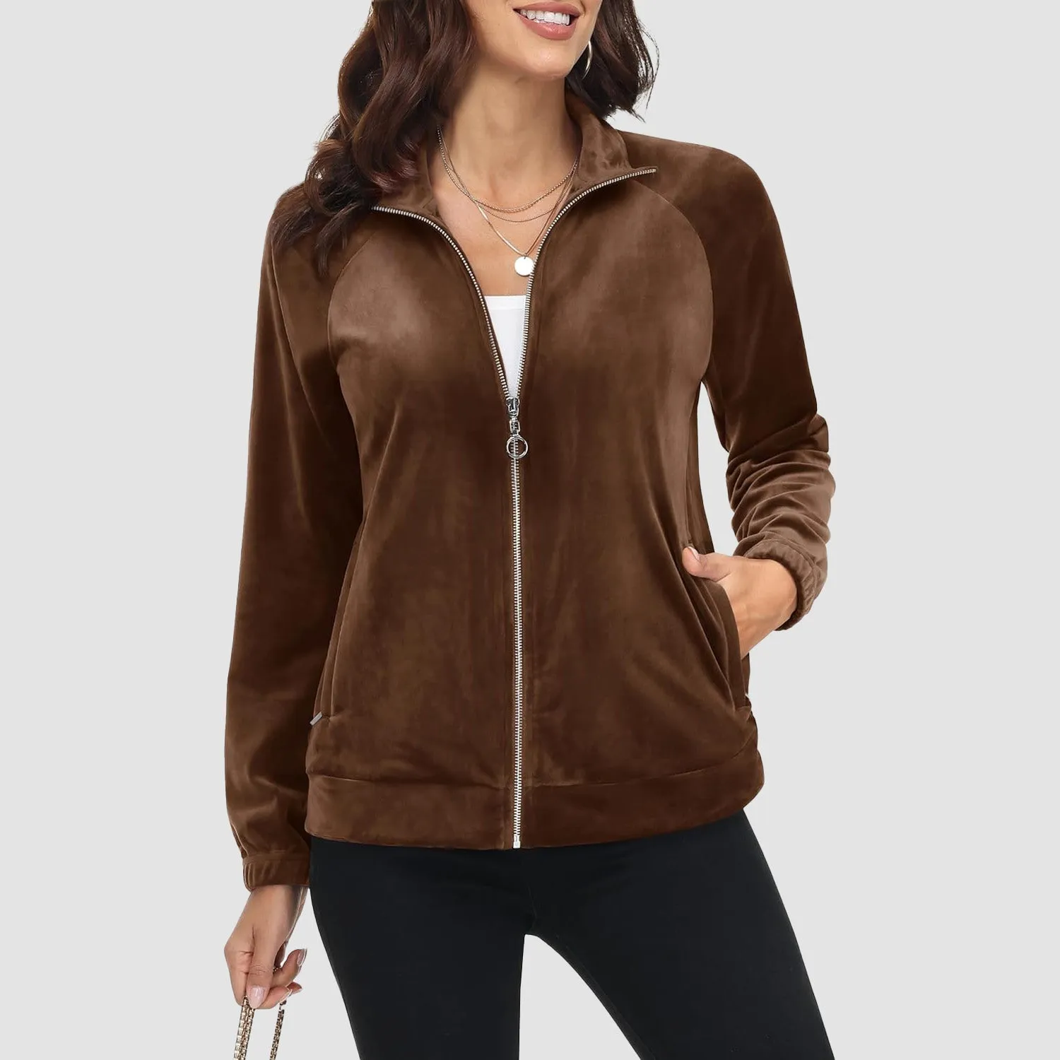 Women's Velour Jackets Full Zip Up Fleece Jacket With Zipper Pockets Soft Winter Jackets